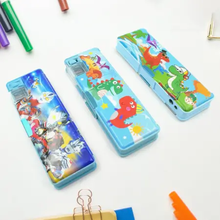 Multipurpose Compass Box, Plastic Double Deck Pencil Case with 2 Compartments, Supplies Utility Box Storage Organizer, Pencil Box for School, Cartoon Printed Pencil Case for Kids