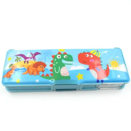 Multipurpose Compass Box, Plastic Double Deck Pencil Case with 2 Compartments, Supplies Utility Box Storage Organizer, Pencil Box for School, Cartoon Printed Pencil Case for Kids