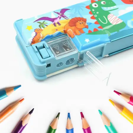 Multipurpose Compass Box, Plastic Double Deck Pencil Case with 2 Compartments, Supplies Utility Box Storage Organizer, Pencil Box for School, Cartoon Printed Pencil Case for Kids