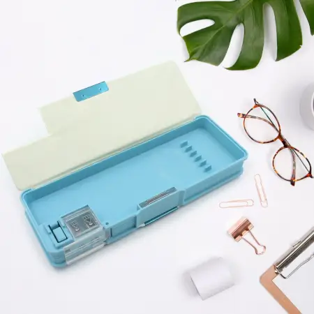 Multipurpose Compass Box, Plastic Double Deck Pencil Case with 2 Compartments, Supplies Utility Box Storage Organizer, Pencil Box for School, Cartoon Printed Pencil Case for Kids